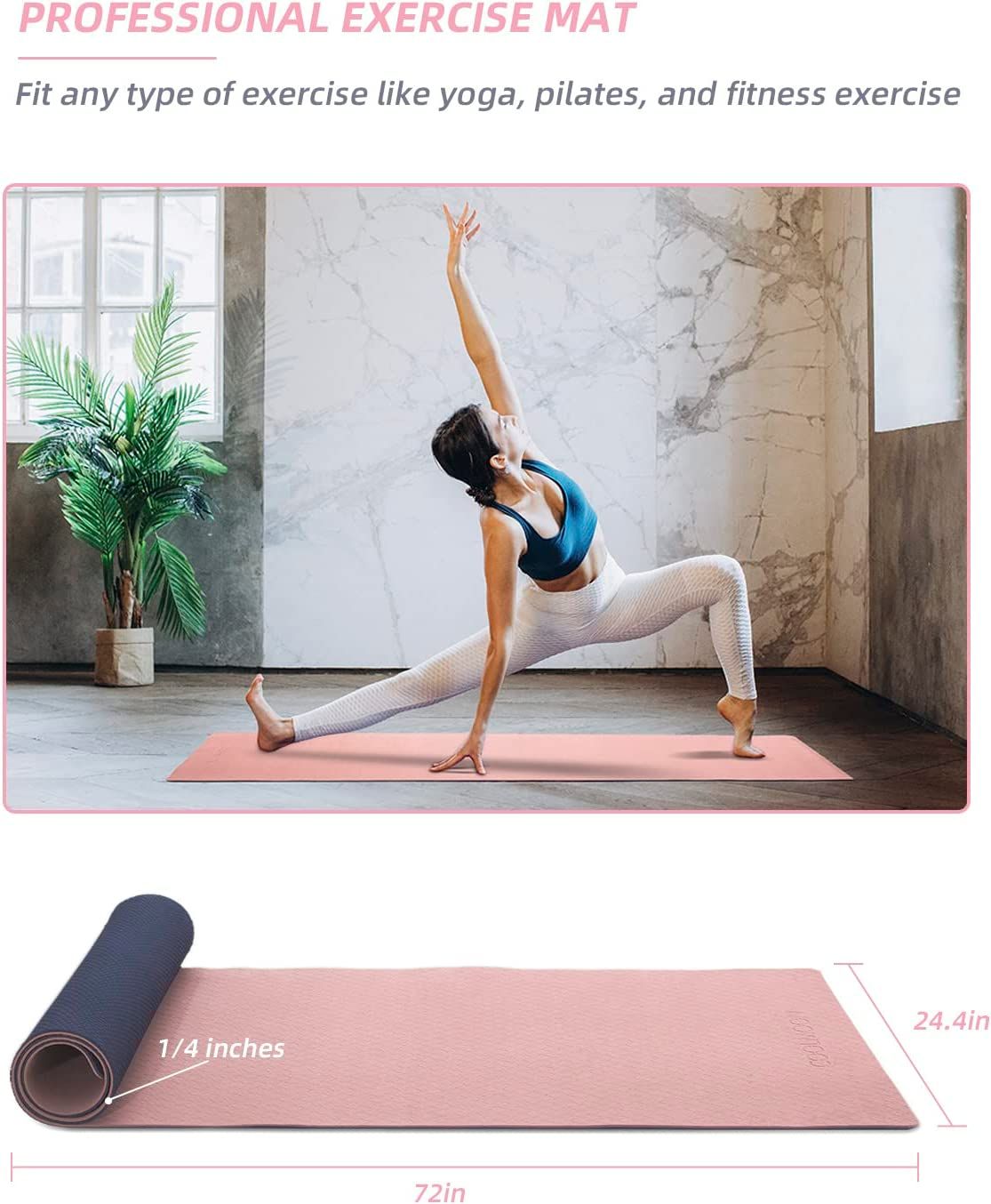 COOLMOON 1/4 Inch Extra Thick Yoga Mat Double-Sided Non Slip,Yoga Mat For Women and Men,Fitness Mats With Carrying Strap,Eco Friendly TPE Yoga Mat , Pilates And Exercises Mat