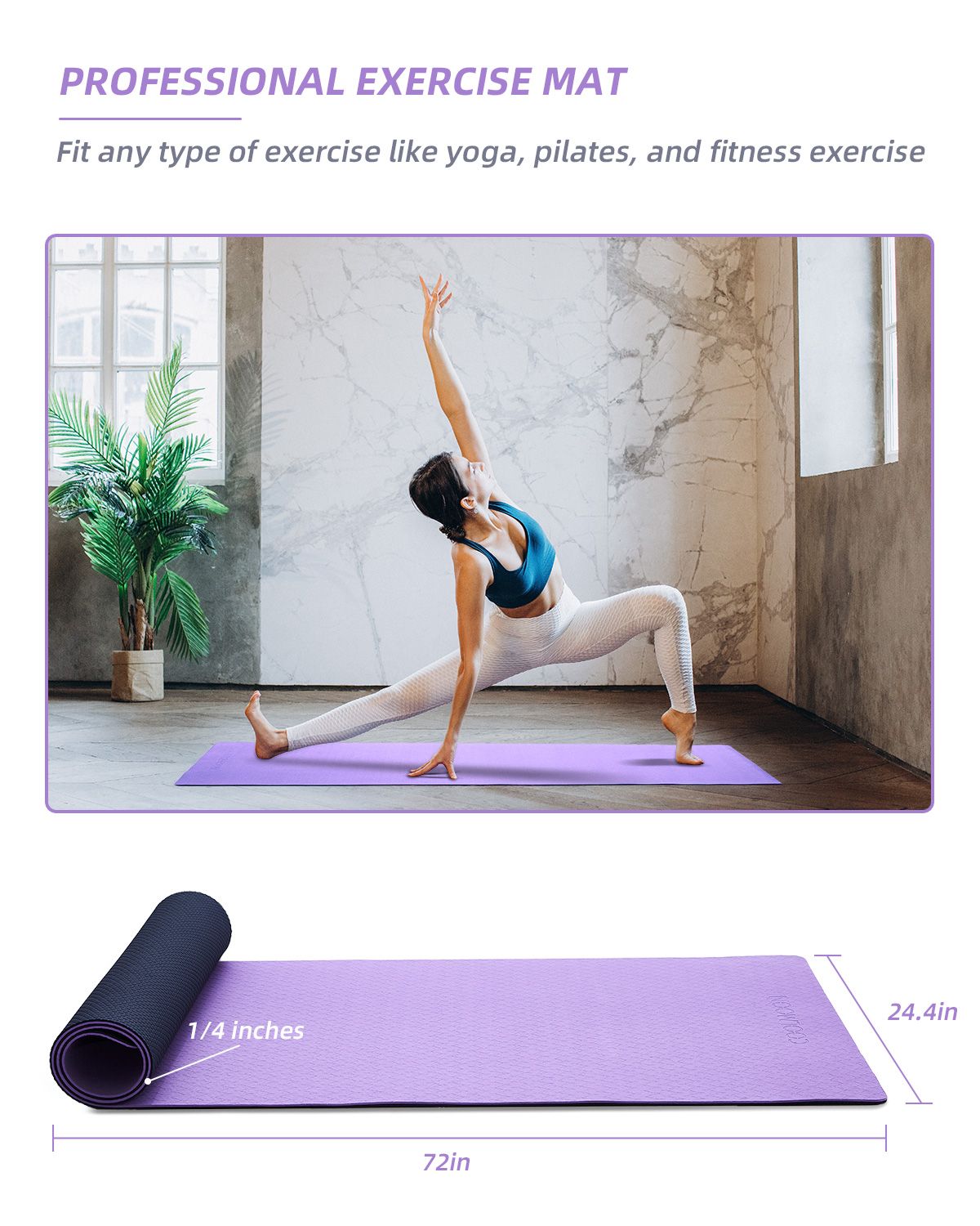 COOLMOON 1/4 Inch Extra Thick Yoga Mat Double-Sided Non Slip,Yoga Mat For Women and Men,Fitness Mats With Carrying Strap,Eco Friendly TPE Yoga Mat , Pilates And Exercises Mat